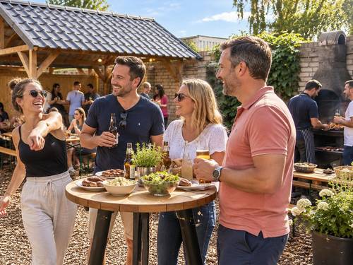 Gäste feiern am Stehtisch beim Grillabend nach dem Teamevent
