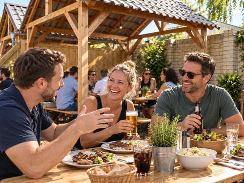 Team beim gemeinsamen Essen nach dem Axtwerfen in Hamburg