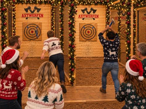 Zwei Kollegen werfen gleichzeitig auf den weihnachtlich geschmückten Bahnen, das Team jubelt