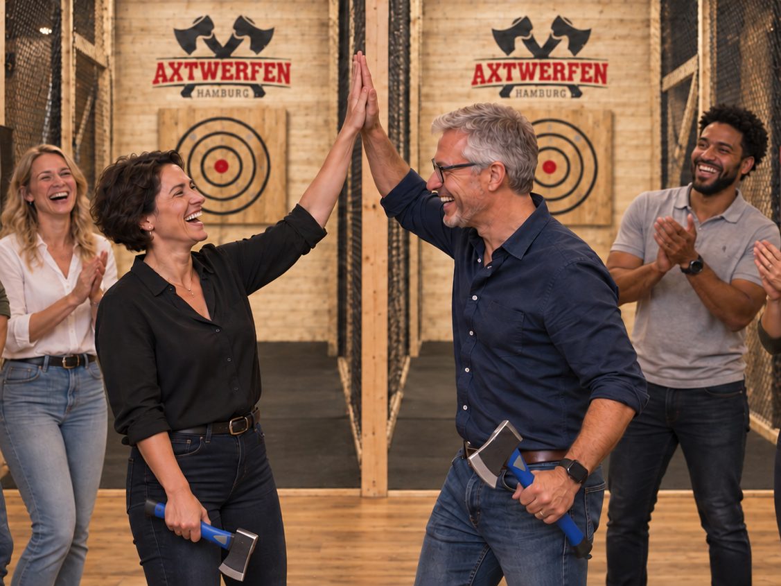 Kollegen klatschen sich nach einem Treffer beim Teamevent ab